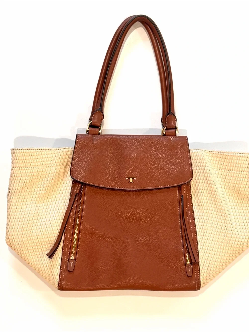 Tory Burch Half-Moon Straw & Leather Coastal Satchel Tote Bag - Tan/Cream